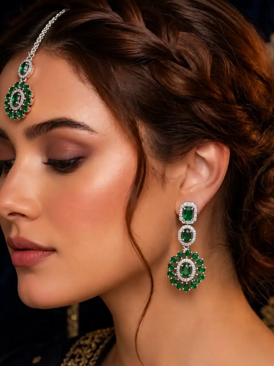 ELISA EARRINGS BINDI SET - GREEN
