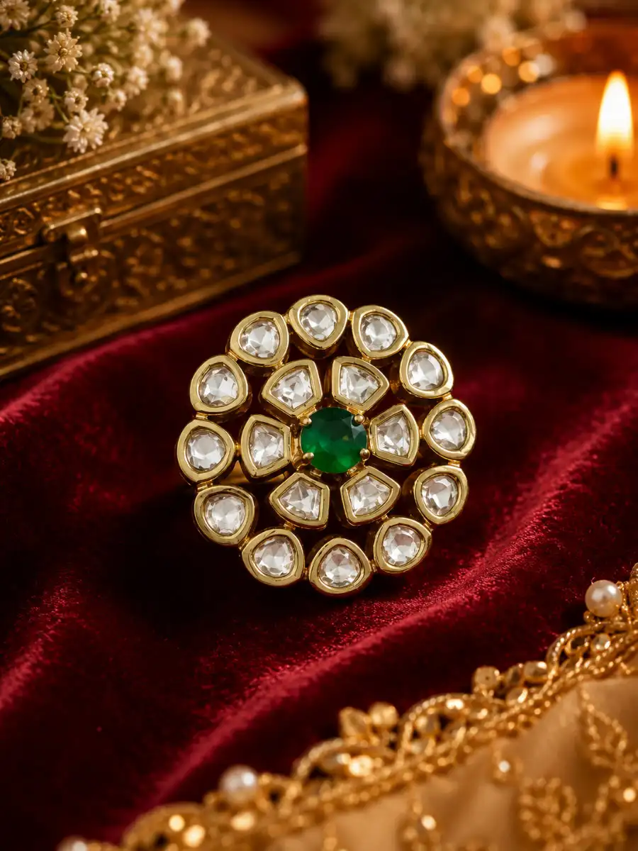 FIRDOUS ZIRCON POLKI RING -  GREEN