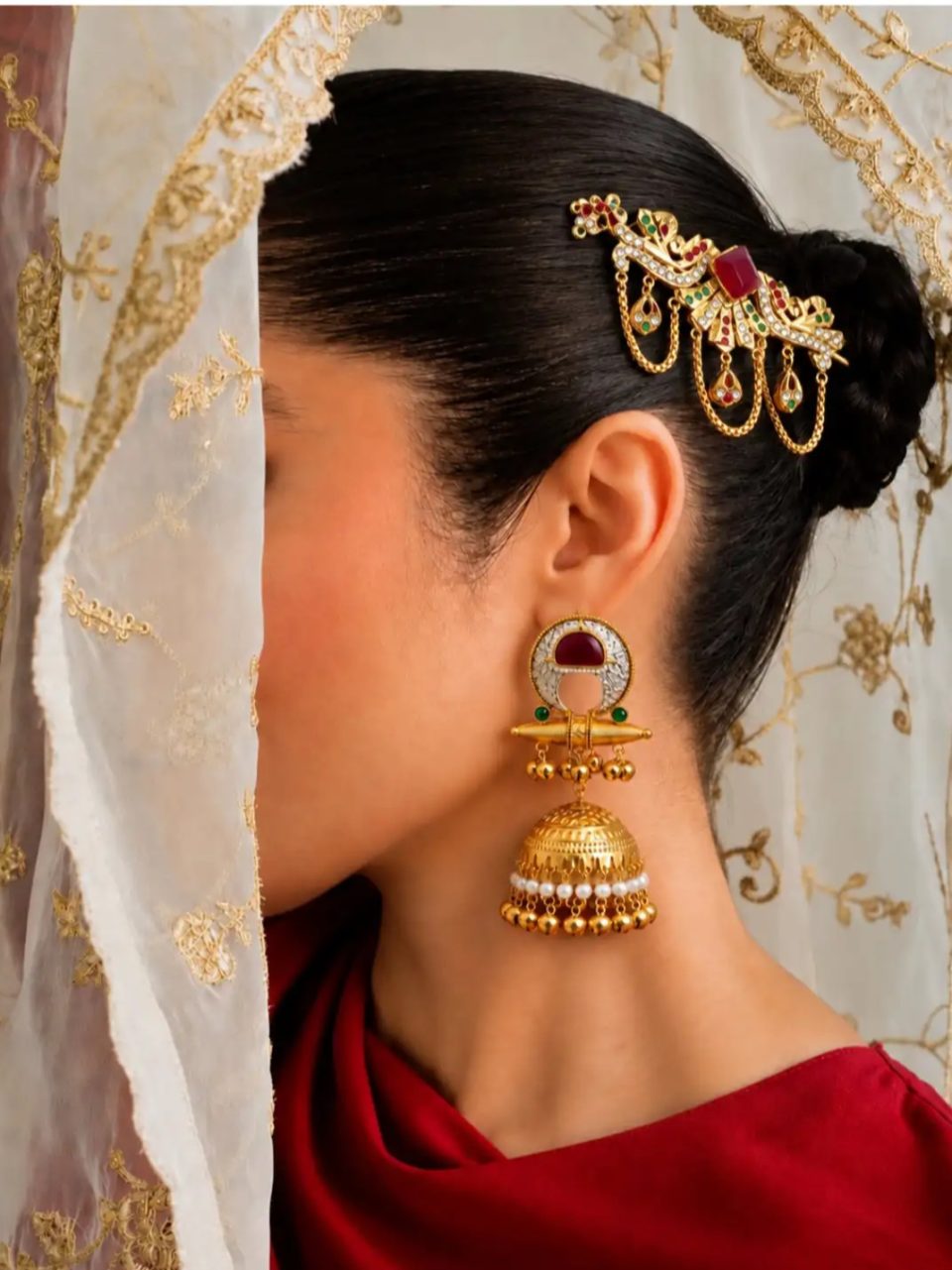 ROSHAN ARA HAIRPIN/ HALF JHOOMER - MAROON GREEN